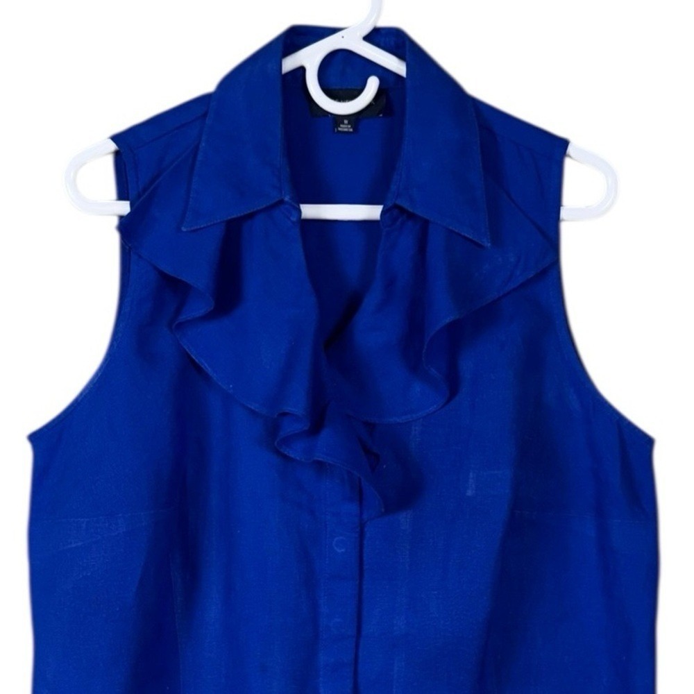 Jones NY 100% Linen Button Up Top Blouse Size 1X Beach Coastal Lagom Cobalt Blue - Picture 2 of 6
